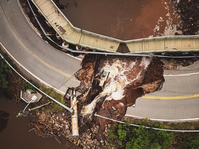 Road washout by flooding
